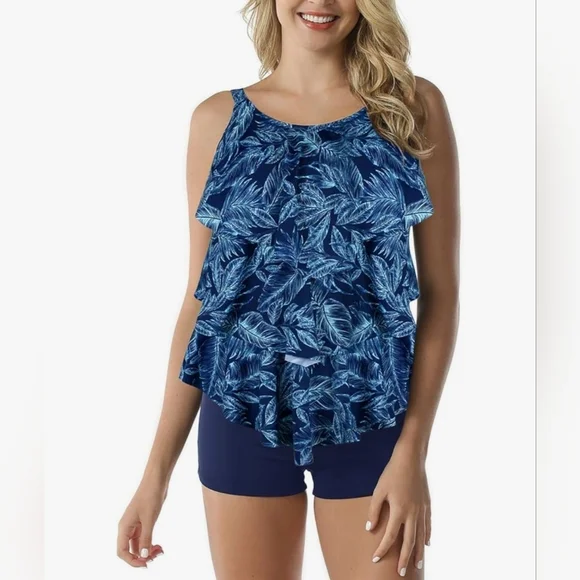 Cadocado Tankini Swimsuit Blue Palm Tree Leaves 3 Tier Ruffle Top Sz 20 XXL Exc - Picture 15 of 15